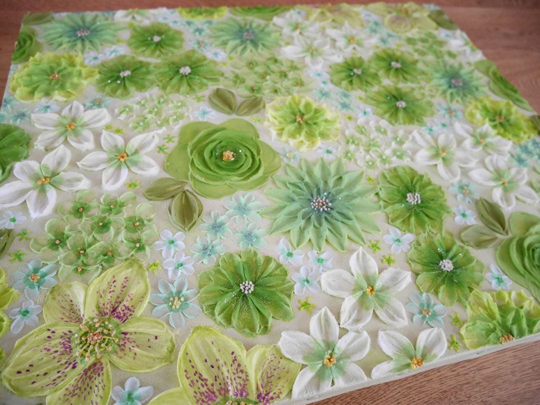 緑系 立体 花柄　アクリルアート テクスチャーアート ボタニカル 緑の花柄