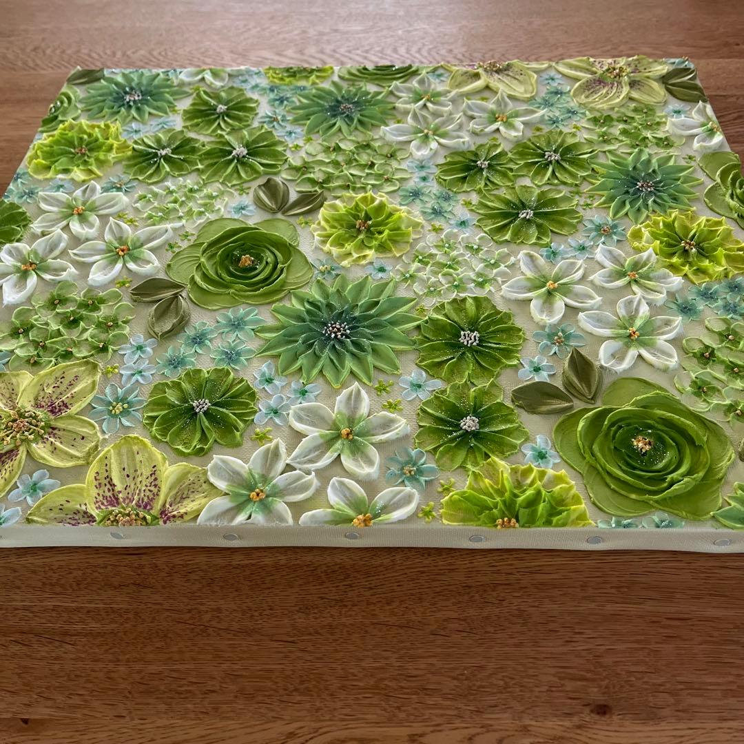 緑系 立体 花柄　アクリルアート テクスチャーアート ボタニカル 緑の花柄