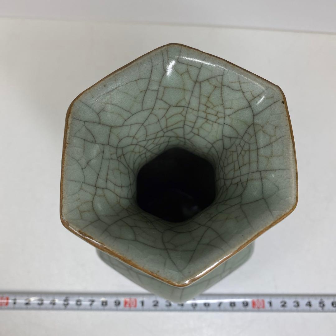 専用　中国古窯　哥窯青磁ヒビ焼　花瓶　高さ約18.4㎝　東さ7-0330①