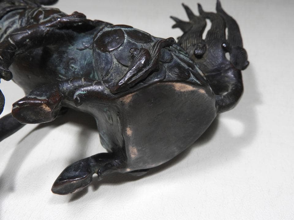 ●貴重 時代物 麒麟銅香炉 神獣 瑞獣 古銅 斑紫銅色 唐金 高さ16.5cm
