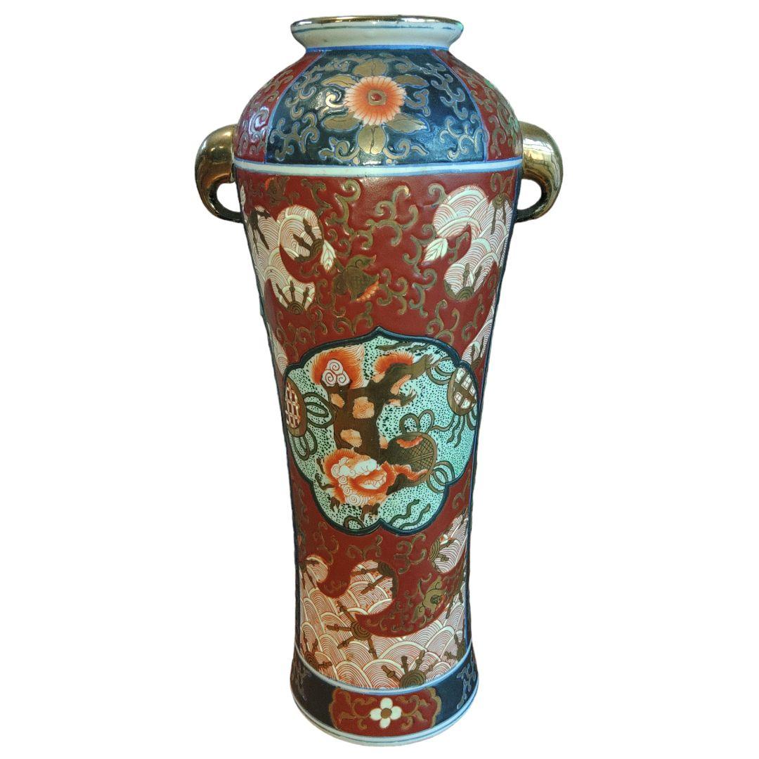 金彩草花文双耳花瓶　高さ36.5cm