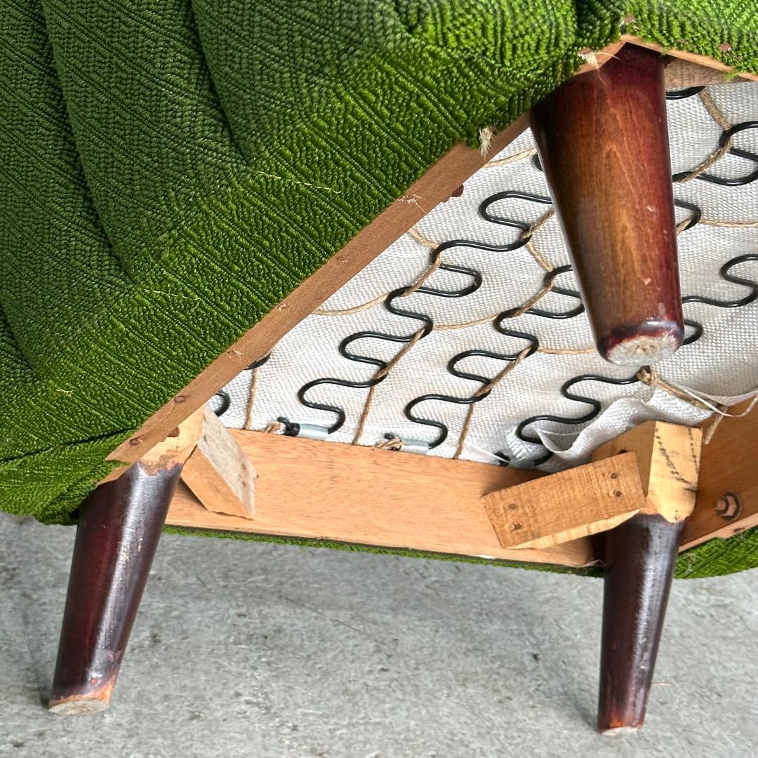 ✦70S✦ 昭和モダン 深緑ファブリック 木肘一人掛けチェア レトロ インテリア