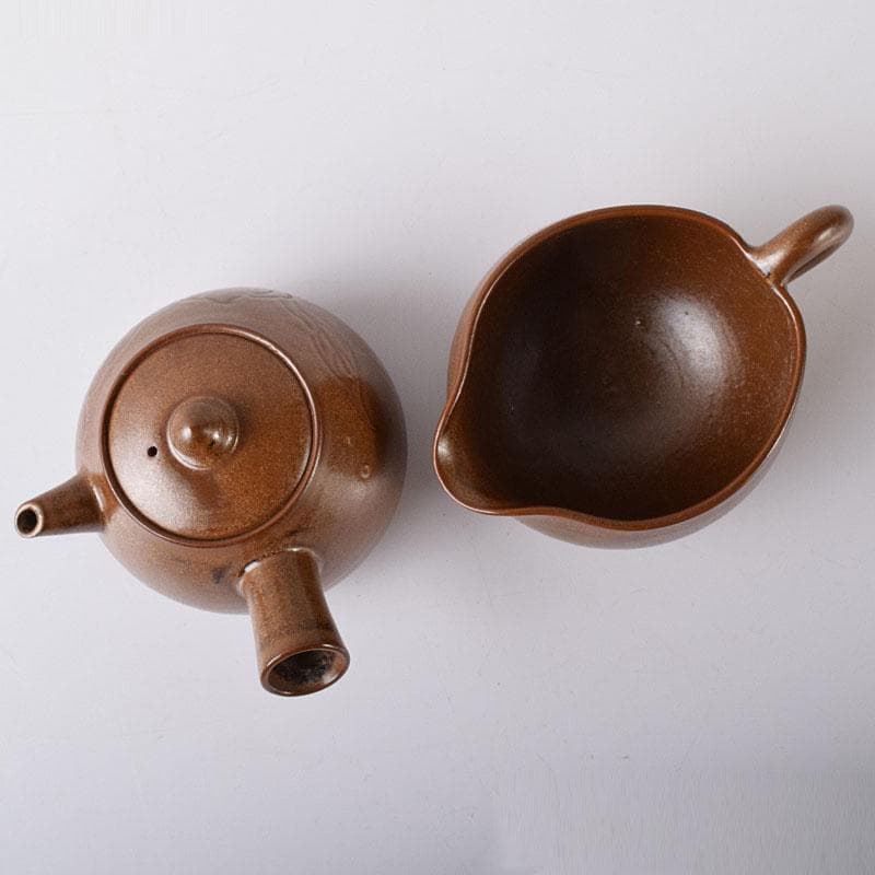 佐渡無名異焼　藤井波山造　朱泥　茶碗五客　急須　湯冷　茶器揃　共箱　VR8436