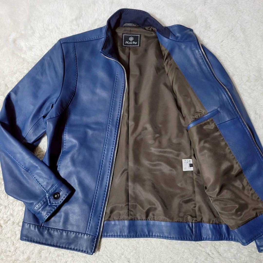 美品✨　MEN'S BIGI　シングルライダースジャケット　レザー　羊革　青　L