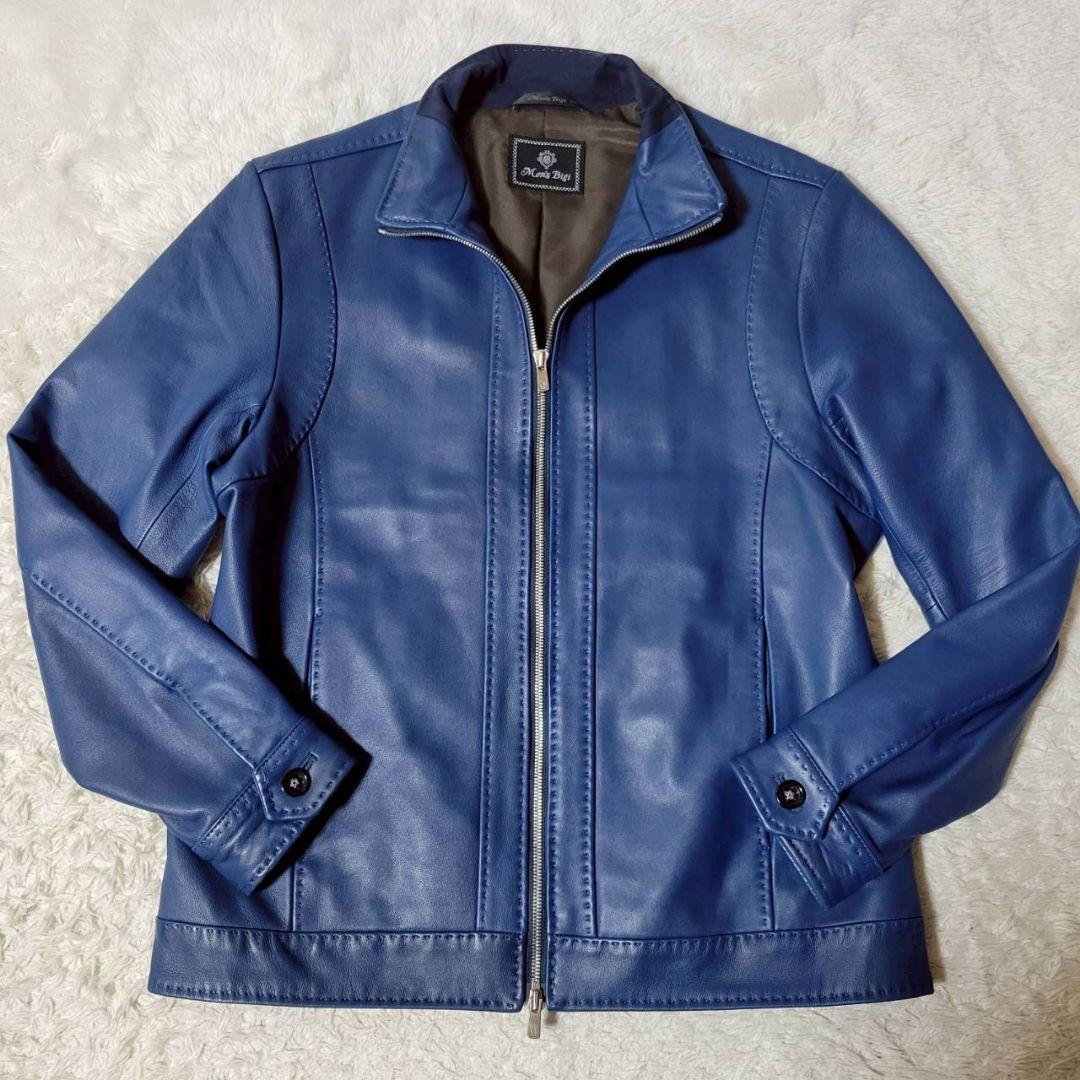 美品✨　MEN'S BIGI　シングルライダースジャケット　レザー　羊革　青　L