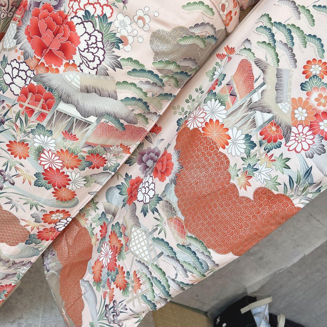 振袖フルセット　正絹　古典柄　難あり　ピンクベージュ　可愛い　m4