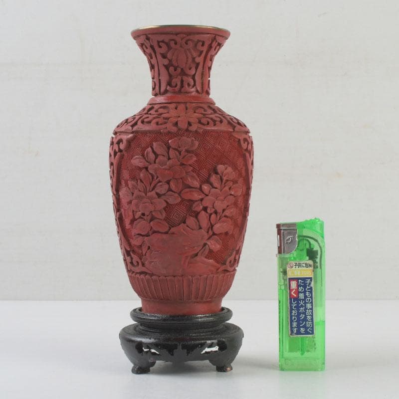 中国　剔紅　堆朱　内七宝　花文　花瓶　唐木台付　V　9255