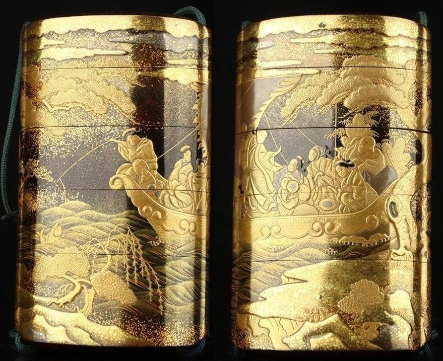 金地船人物高蒔絵印籠　梶川文龍斎作（江戸時代・美術館展示クラス・根付）