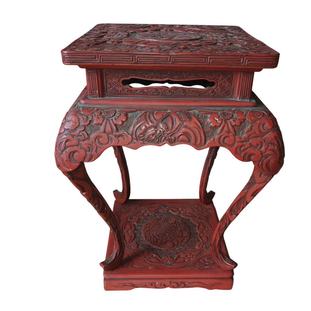 堆朱　草花文飾り台　古美術　伝統工芸　アンティーク