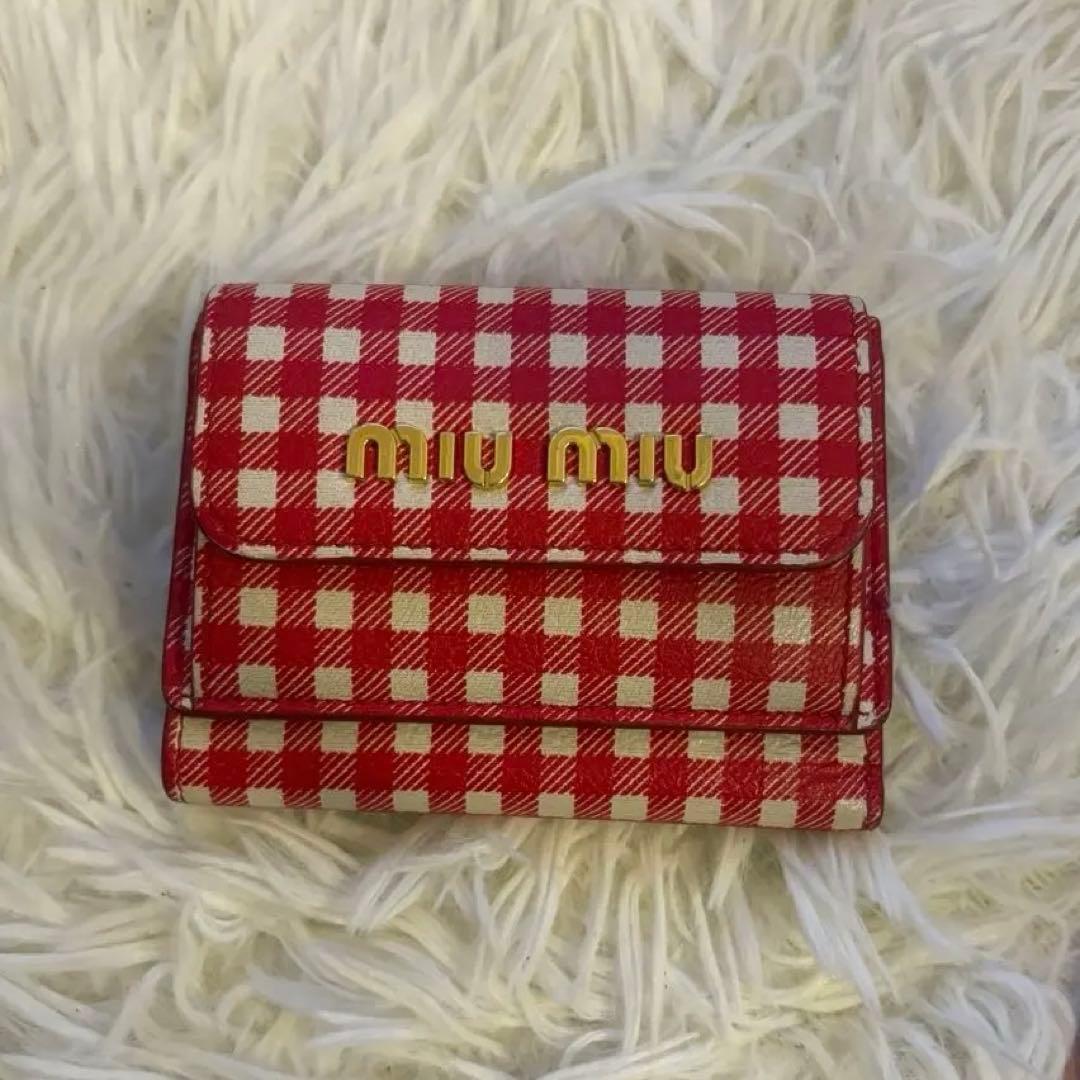 【希少】ミュウミュウ 三つ折財布 ギンガムチェック レッド