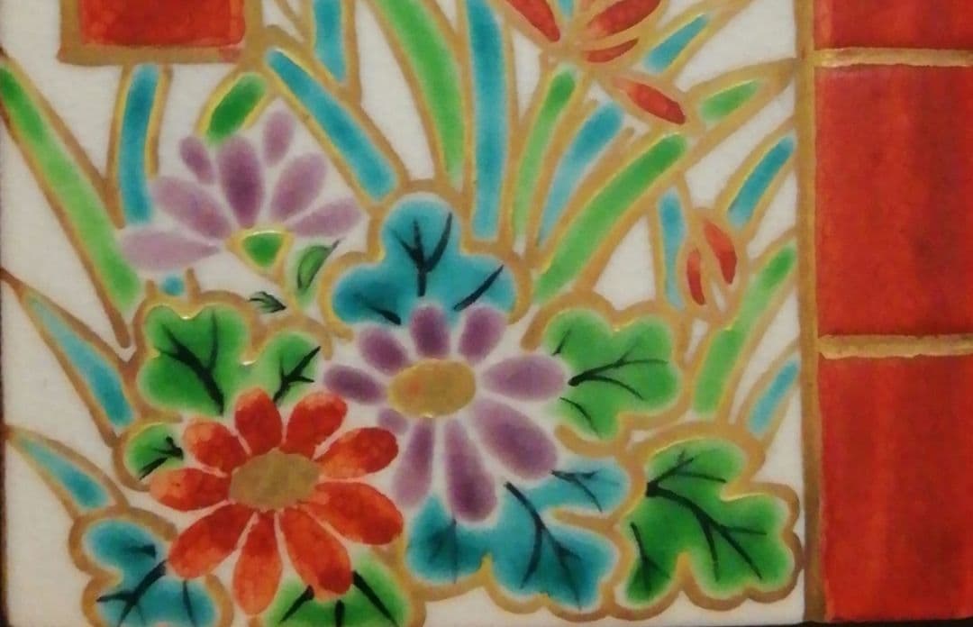 手塚桐鳳作　仁清写　和本　草花図　香合　共箱　共布　茶道具