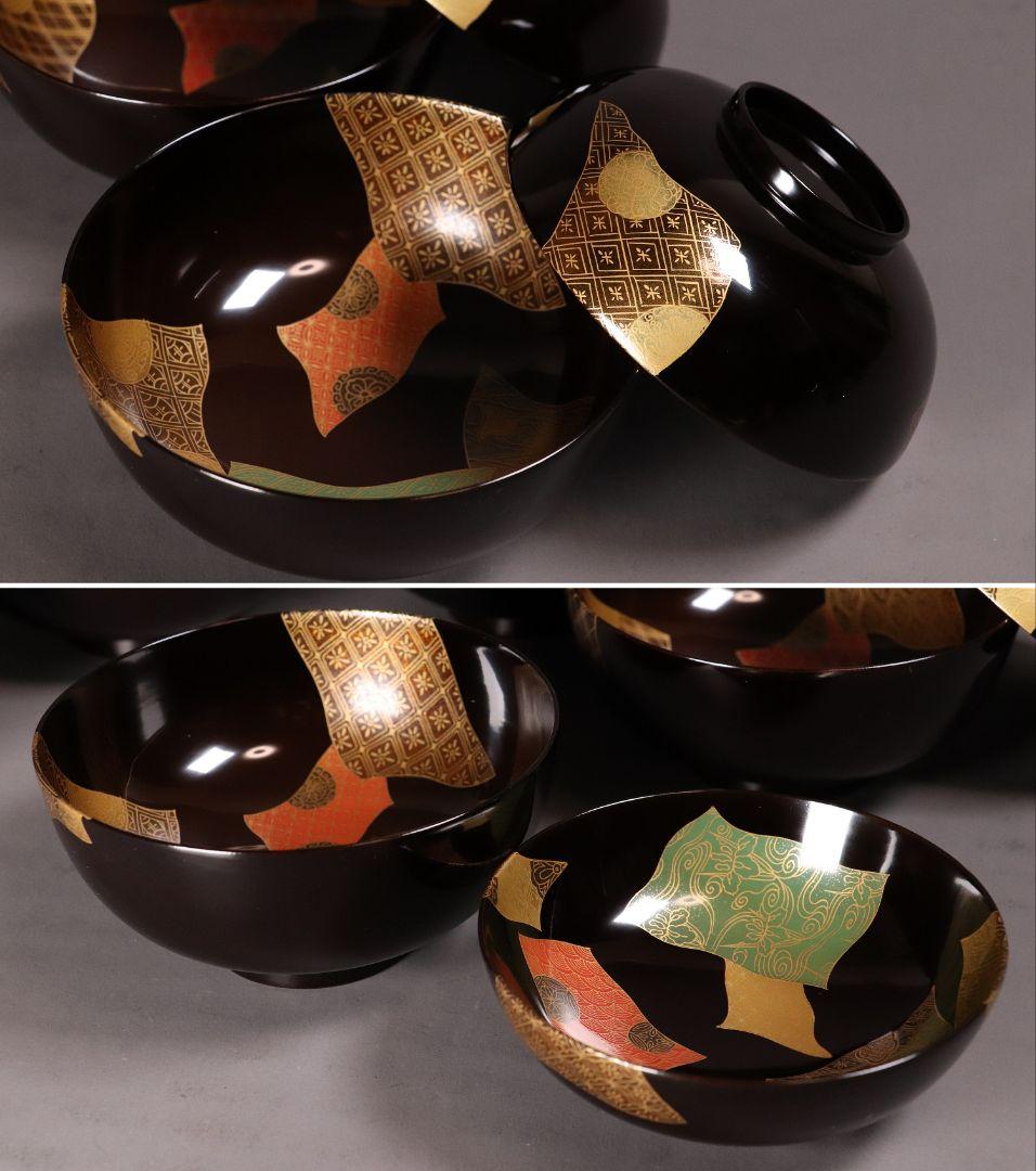 天然木漆塗 小紋伝統柄 蒔絵椀 五客 木箱入 黒塗 木製漆器 汁椀【CL65】