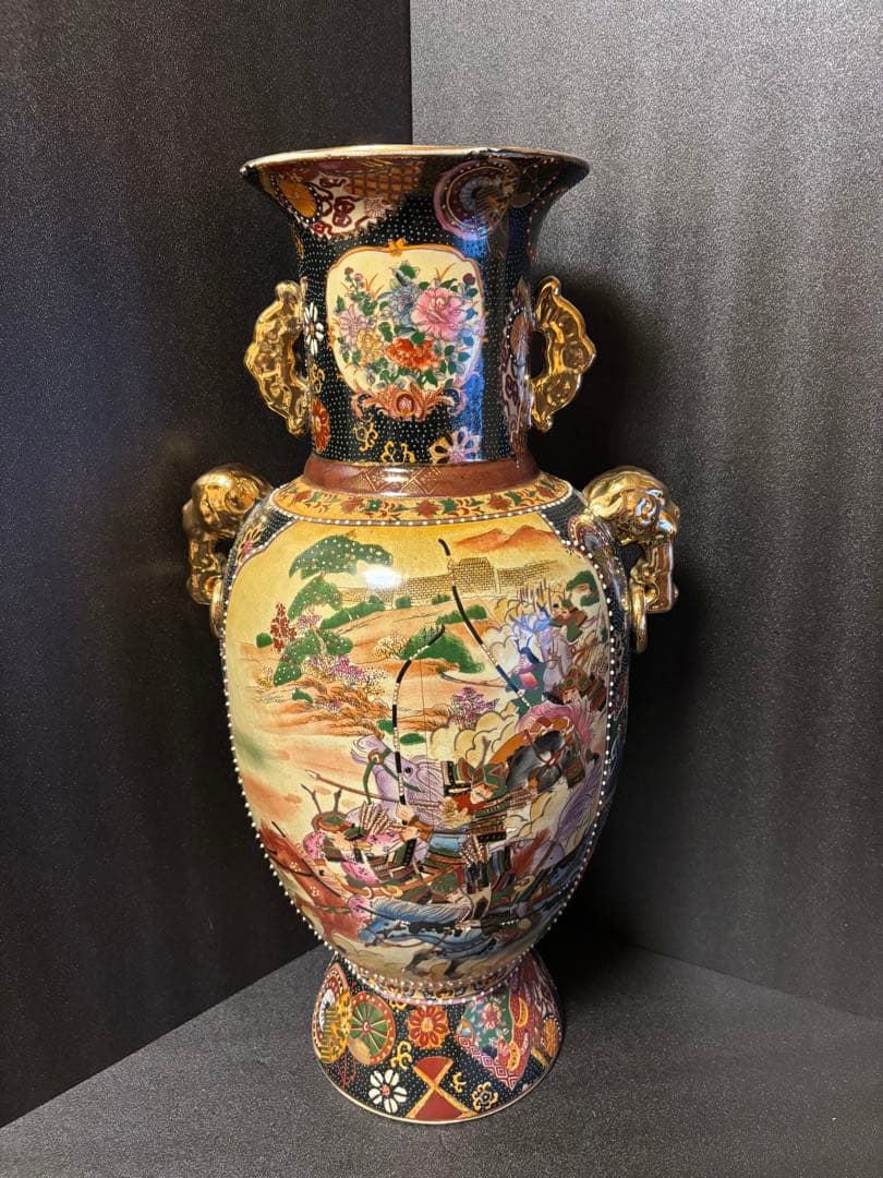 薩摩焼 大壺 着物美人画 騎馬武将 金彩色絵 青粒花瓶