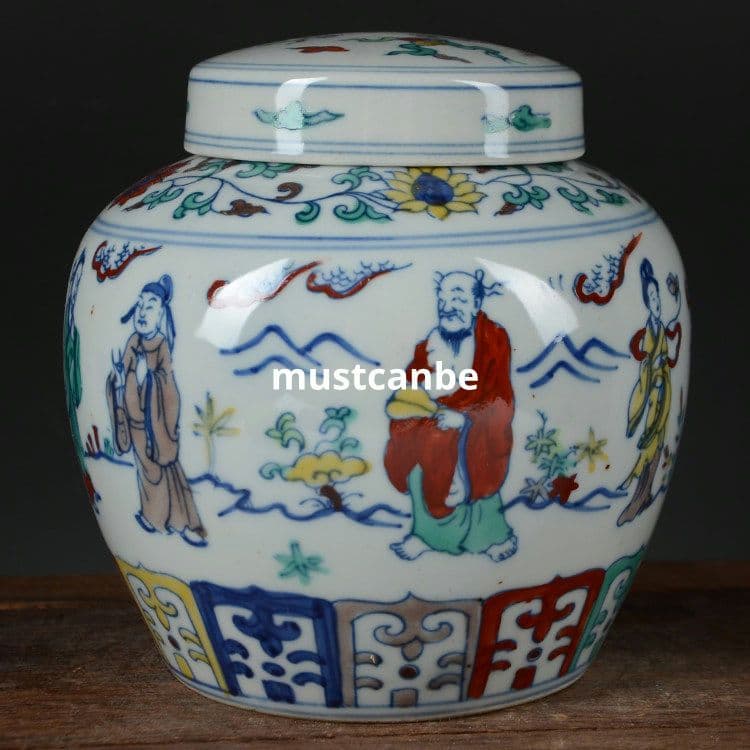 斗彩八仙天字缶 茶筒 景徳鎮 陶磁器 装飾品 現代工芸品 美術品 置物