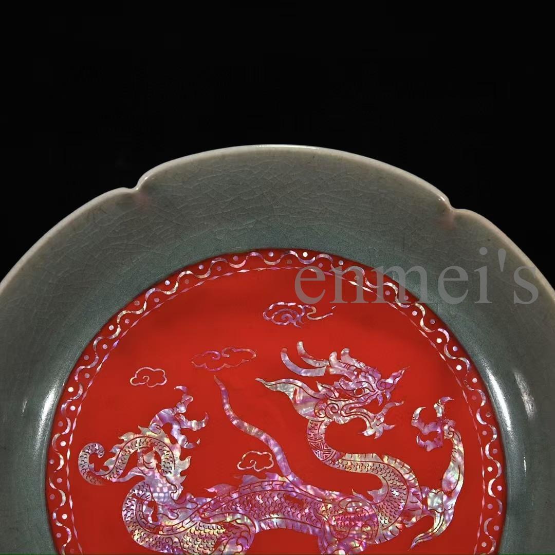 中国古美術・宋汝窯風螺鈿龍紋葵口中皿・陶器・置物・書道・茶道具・文房具・風水置物