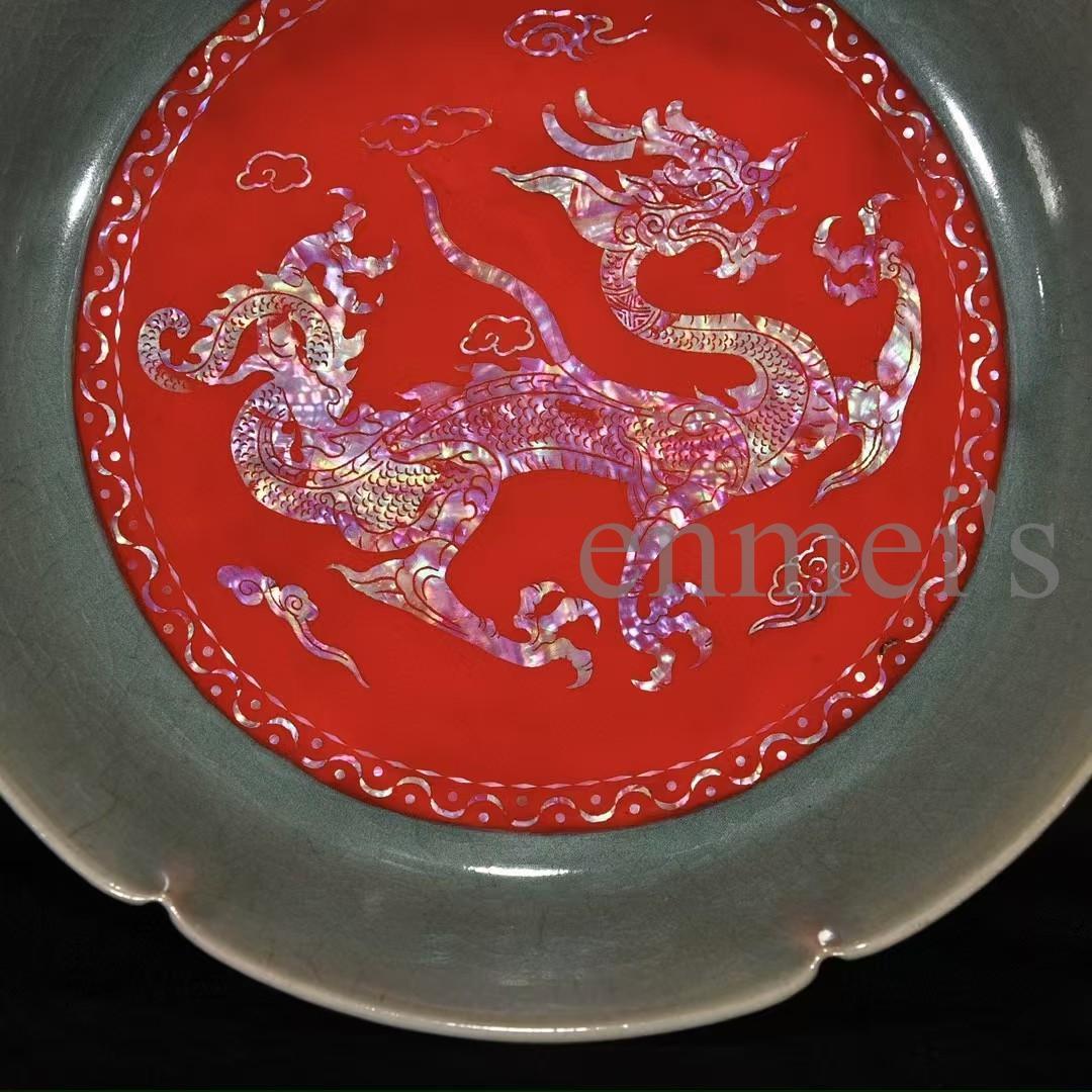 中国古美術・宋汝窯風螺鈿龍紋葵口中皿・陶器・置物・書道・茶道具・文房具・風水置物