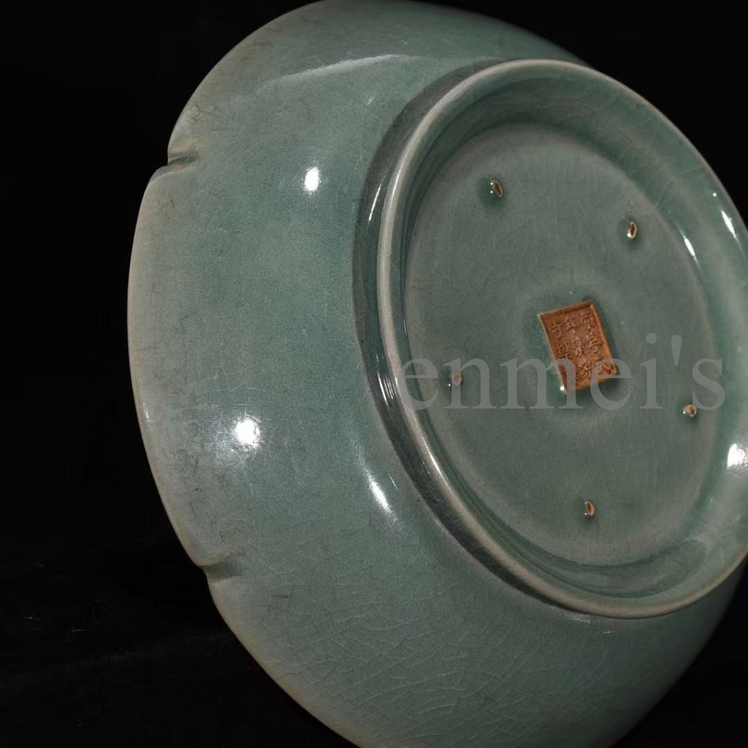 中国古美術・宋汝窯風螺鈿龍紋葵口中皿・陶器・置物・書道・茶道具・文房具・風水置物