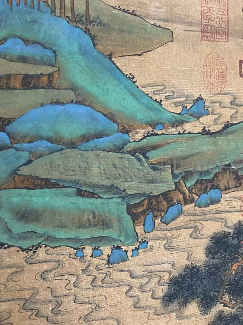 中国古美術 明代 謝時臣款 山水画 掛軸 手描き 絹布 唐物 書画 国画 在銘