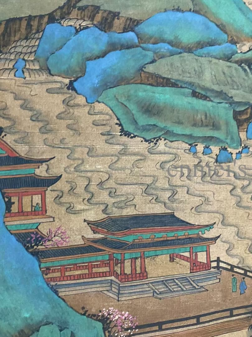 中国古美術 明代 謝時臣款 山水画 掛軸 手描き 絹布 唐物 書画 国画 在銘