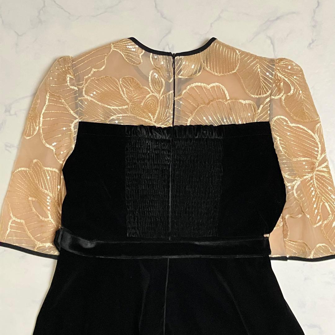 LEJA ビスチェ風 ウエストベルト付 花柄レースキラキラ刺繍 ドレスワンピース