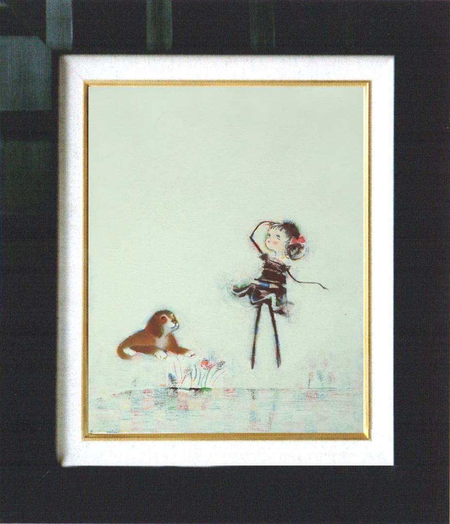 油絵 菅家令子 絵 絵画インテリア 額付(黒) F4-072319 子犬と女の子