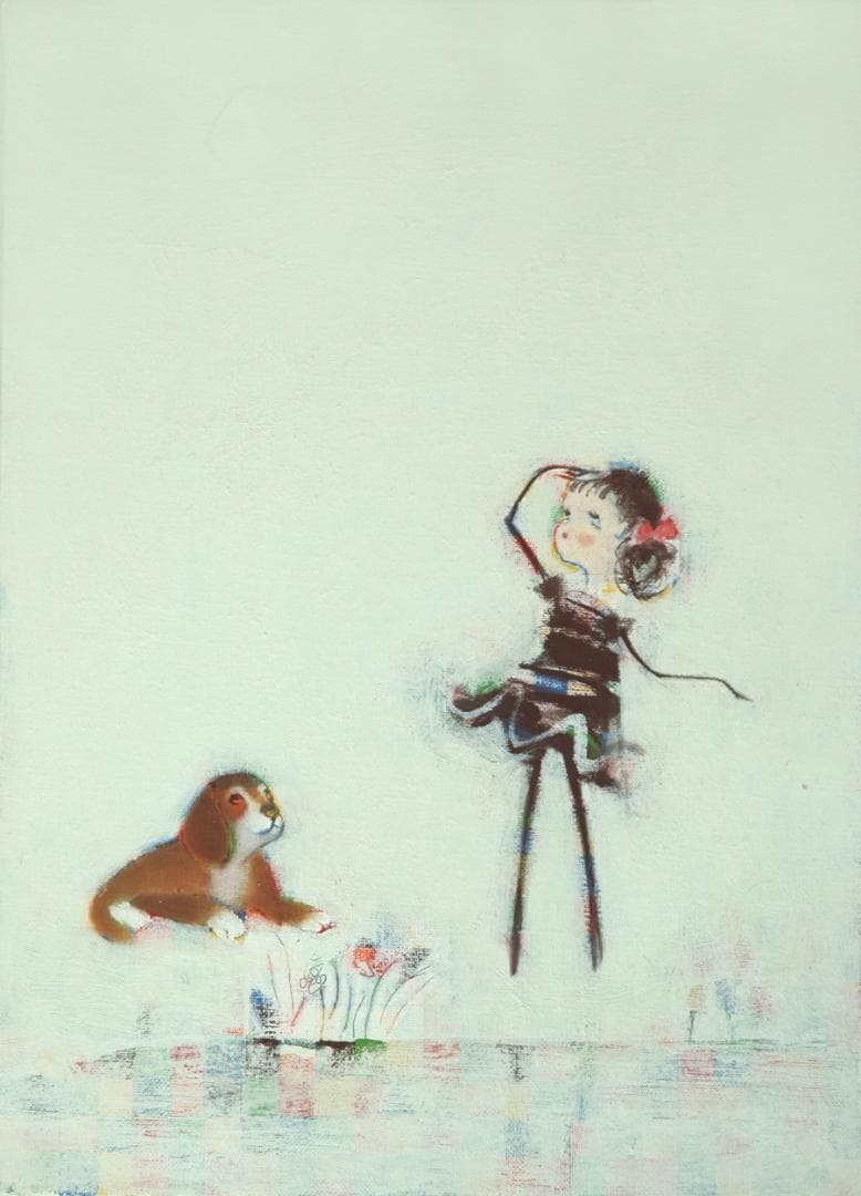 油絵 菅家令子 絵 絵画インテリア 額付(黒) F4-072319 子犬と女の子