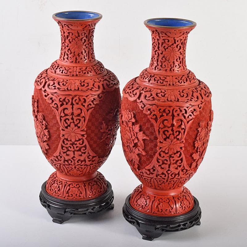 中国　剔紅　堆朱　内七宝　花文瓶　高さ約30㎝　唐木台付　一對　F　R7851B