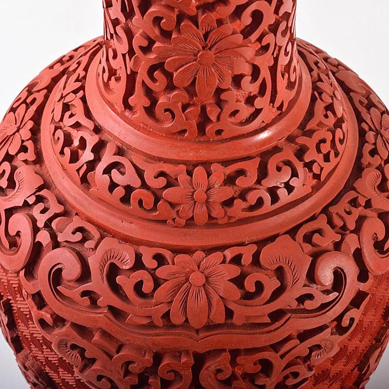 中国　剔紅　堆朱　内七宝　花文瓶　高さ約30㎝　唐木台付　一對　F　R7851B