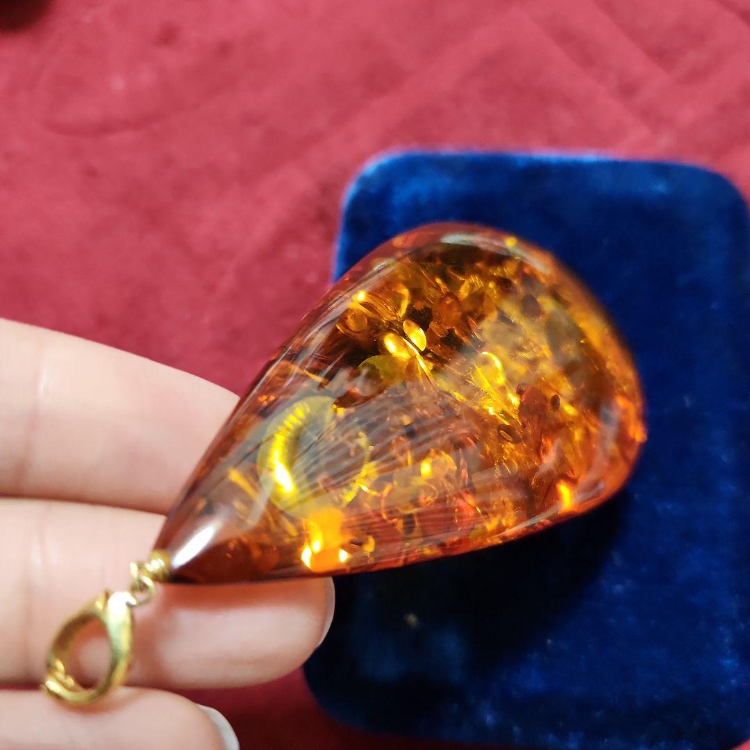 K18刻印入り琥珀ティアドロップペンダントトップ、