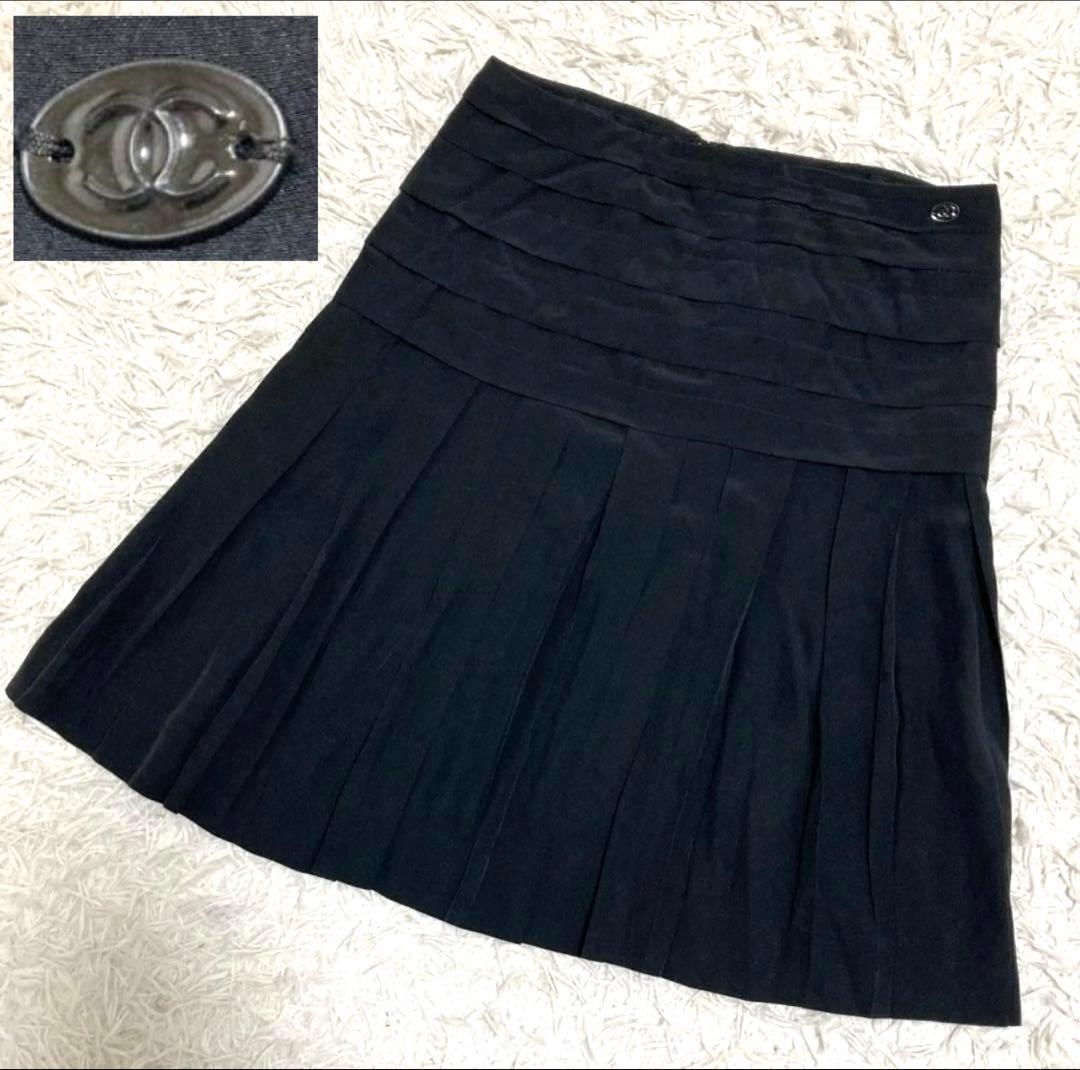 CHANEL ココマーク 切替 フリル プリーツ スカート シルク100% 黒