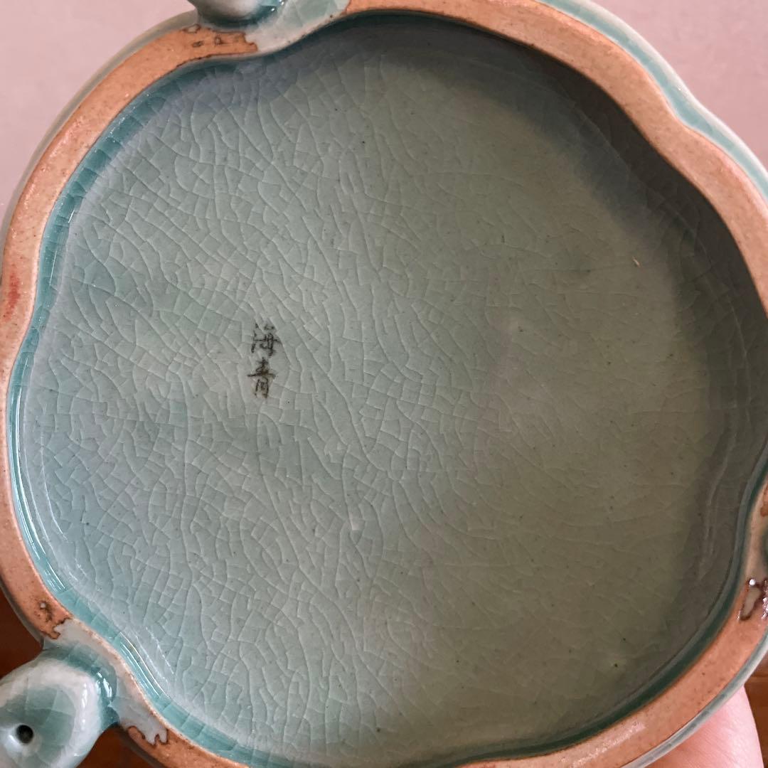 海青造 青磁蓮香炉 透し火屋七宝文 三兎台 ★時代物★