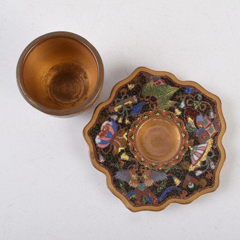 中国　古七宝琺瑯彩　神獣文　煎茶碗　茶托　D　R9211