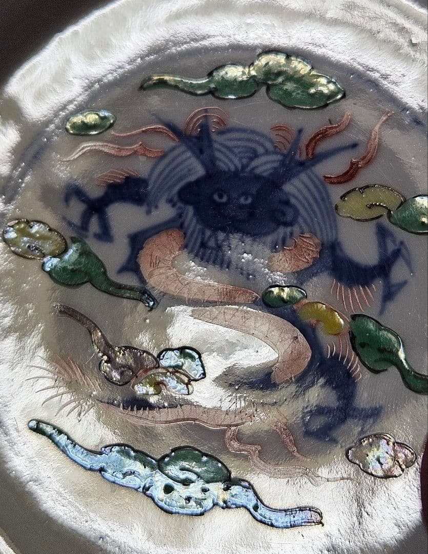 上作品❗】 中国古美術古陶磁器　清代　倣明代萬暦年製　五彩　雲龍図　手付透造　鉢