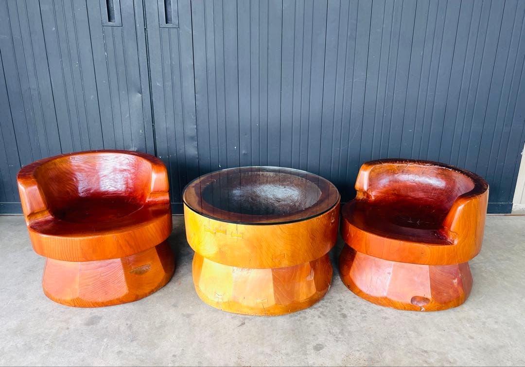 臼　ケヤキ　テーブル　イス　3点セット　古民家