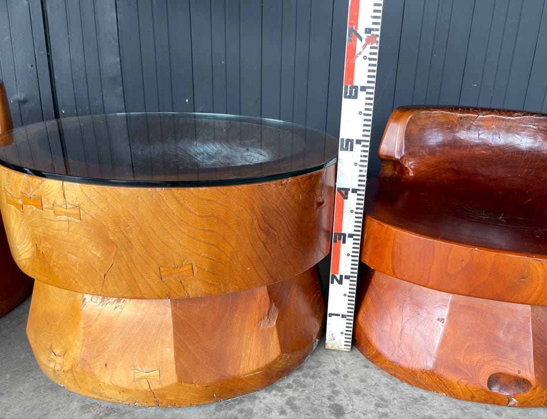 臼　ケヤキ　テーブル　イス　3点セット　古民家