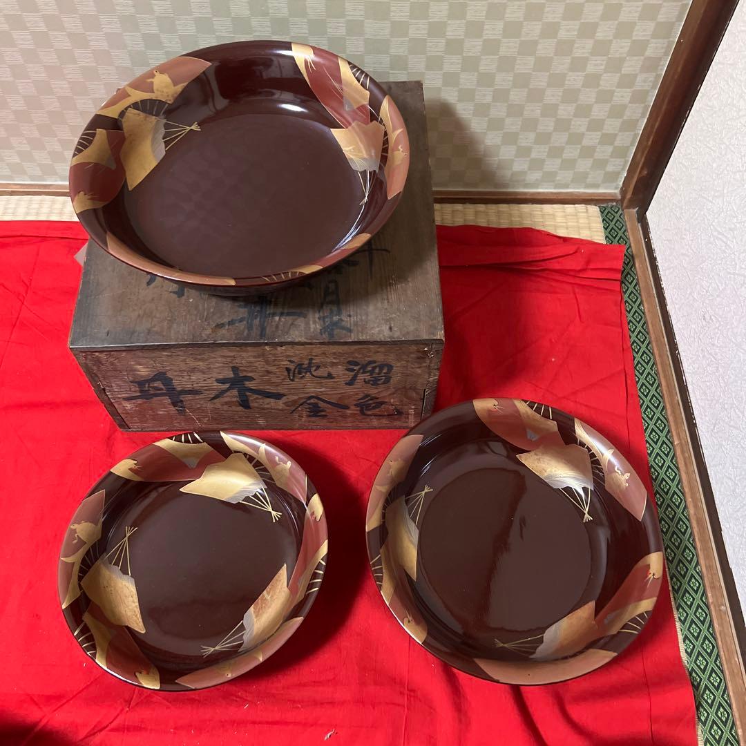 古美術　輪島塗　溜色沈金三つ組丼　木製　大正十年