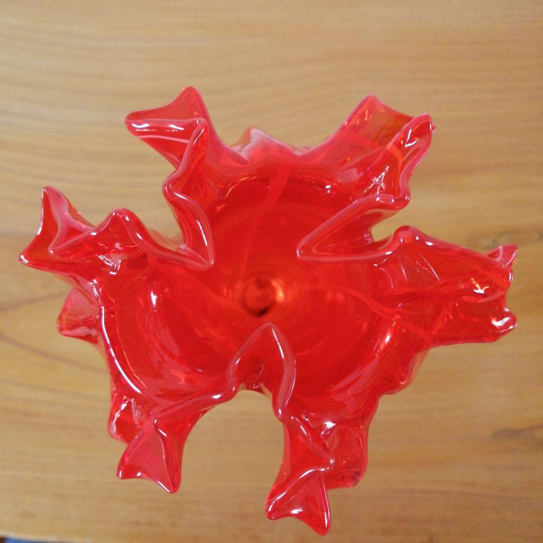 赤いフリルの花瓶　マーブル　吹きガラス　大正浪漫