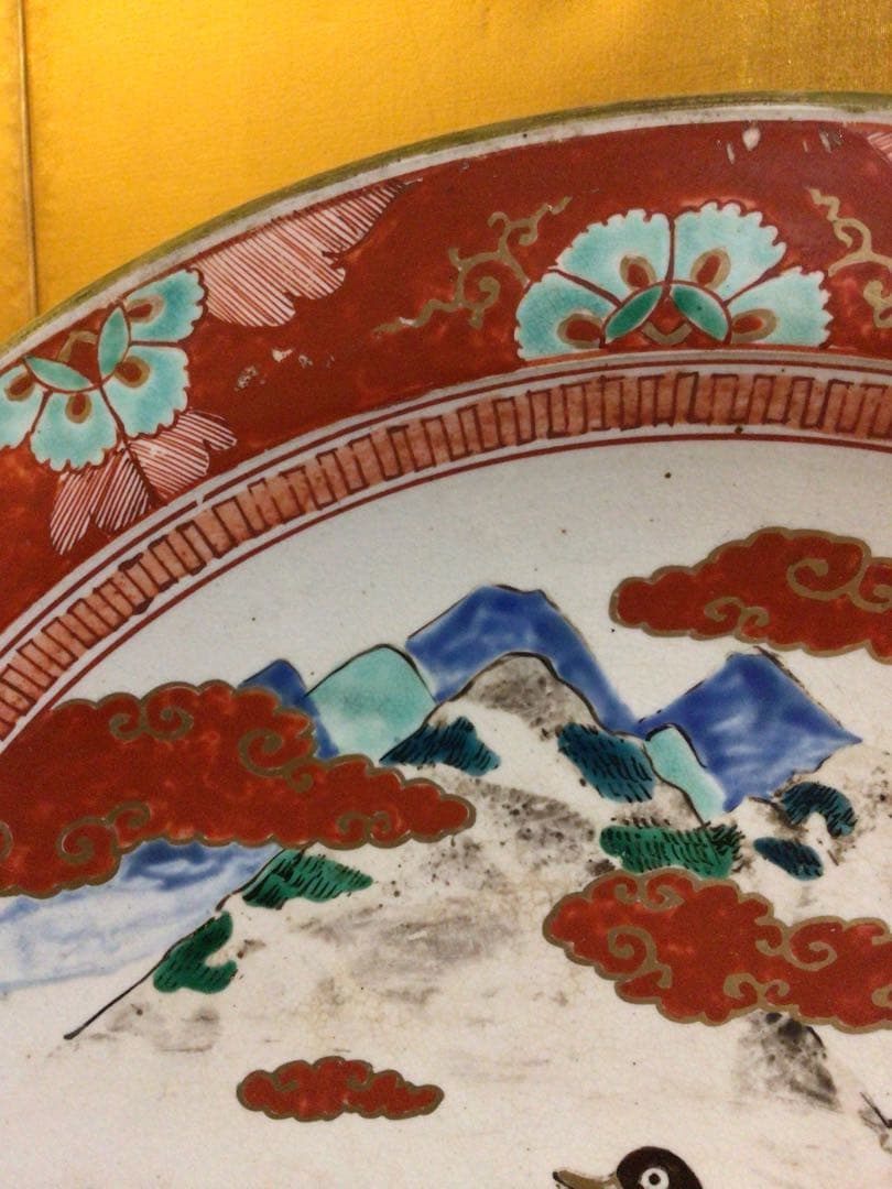 古九谷？ カモが可愛い大皿　木箱付き