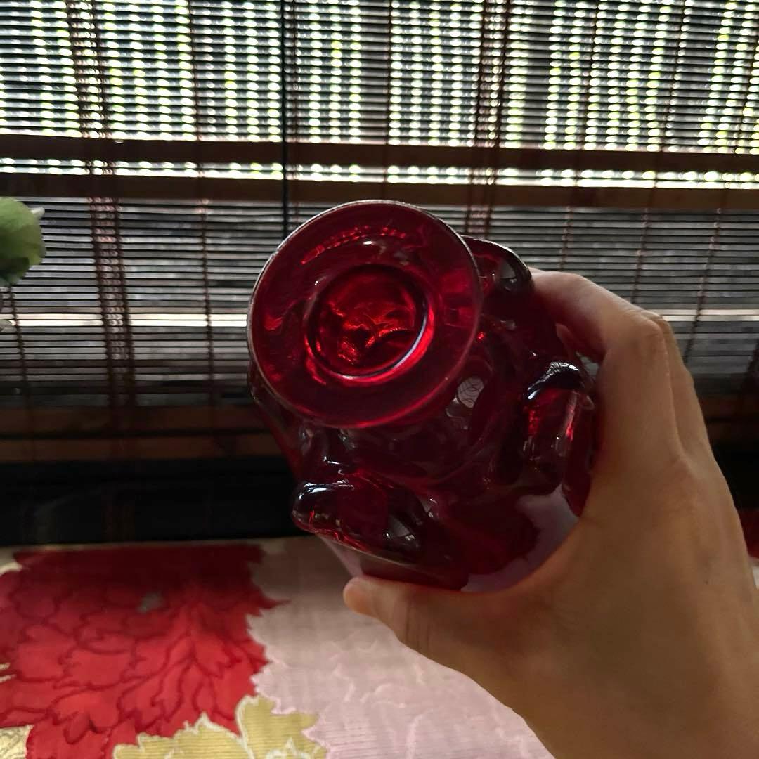 骨董　時代ガラス　銅赤被せガラス　古作　水差し　デカンタ カラフェ