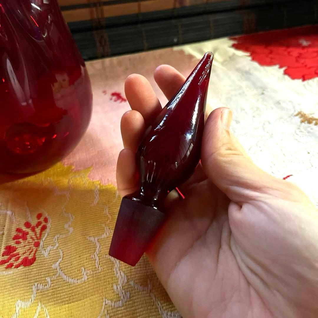 骨董　時代ガラス　銅赤被せガラス　古作　水差し　デカンタ カラフェ