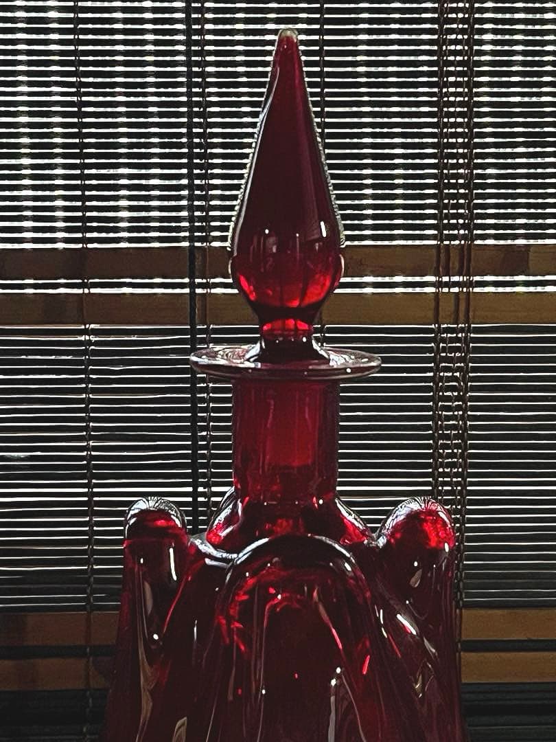 骨董　時代ガラス　銅赤被せガラス　古作　水差し　デカンタ カラフェ