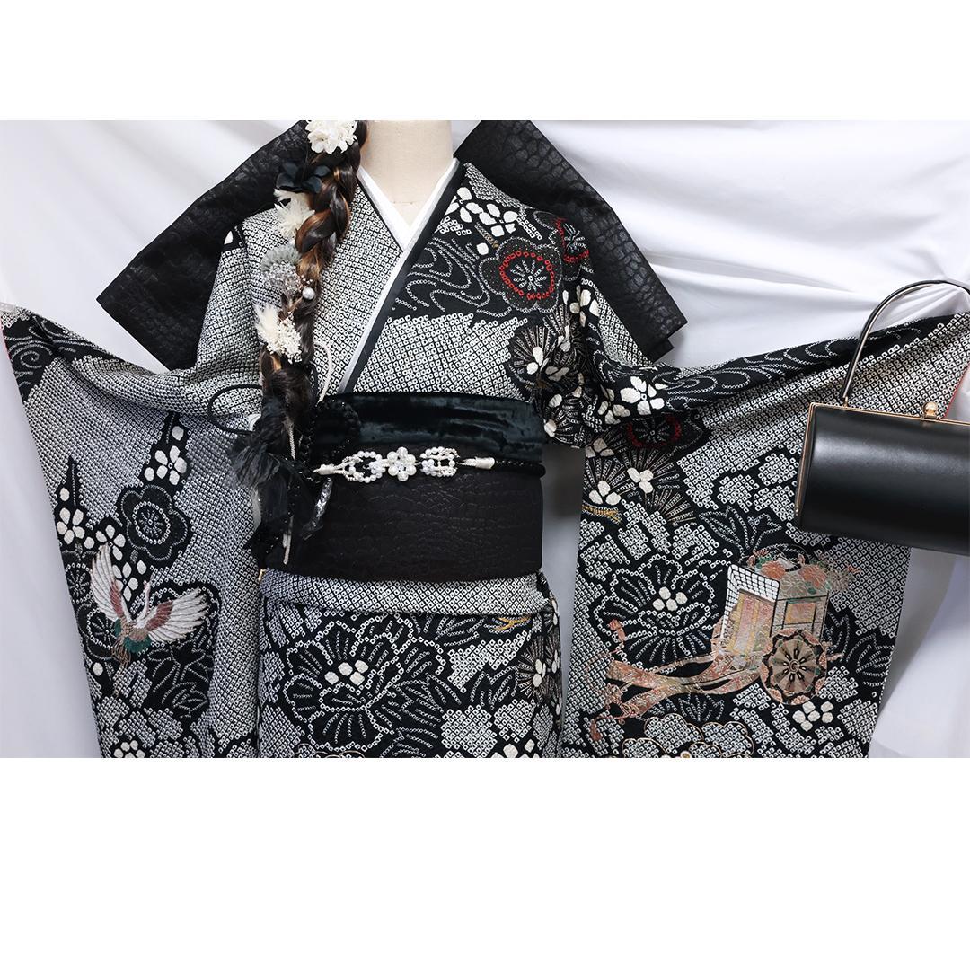 総絞り◆ 振袖6点セット ◆丈165cm成人式正絹黒ブラックフルセットMb34