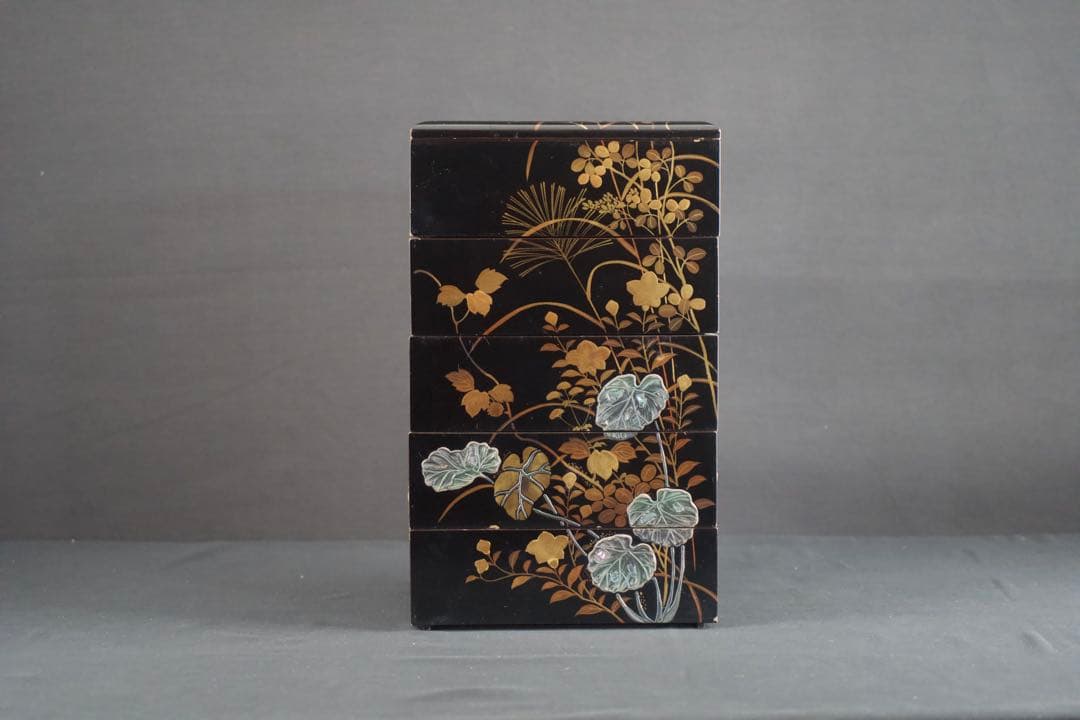 螺鈿細工 蒔絵 木製 五段 重箱 共箱 二枚蓋 時代品 青貝 検) 漆器 輪島塗