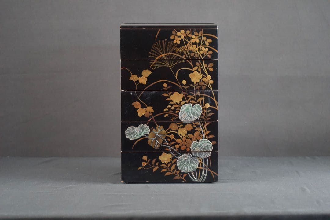 螺鈿細工 蒔絵 木製 五段 重箱 共箱 二枚蓋 時代品 青貝 検) 漆器 輪島塗