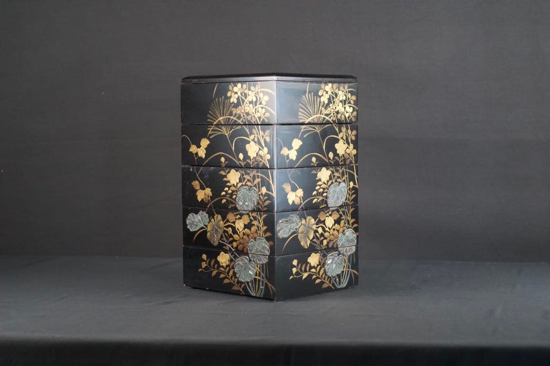 螺鈿細工 蒔絵 木製 五段 重箱 共箱 二枚蓋 時代品 青貝 検) 漆器 輪島塗