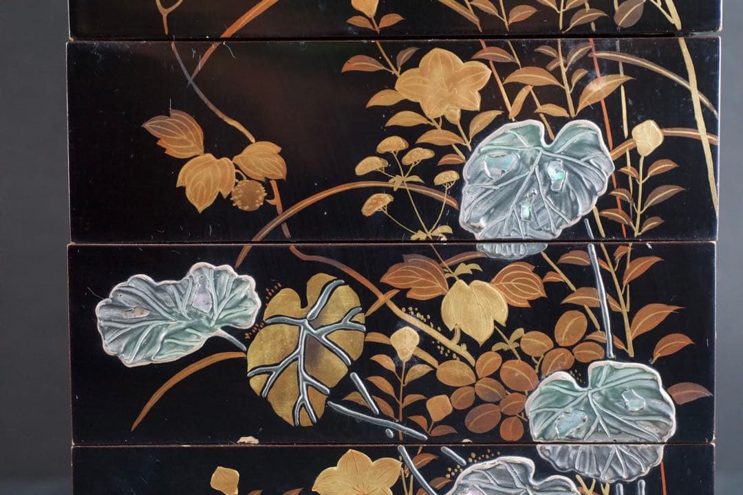 螺鈿細工 蒔絵 木製 五段 重箱 共箱 二枚蓋 時代品 青貝 検) 漆器 輪島塗