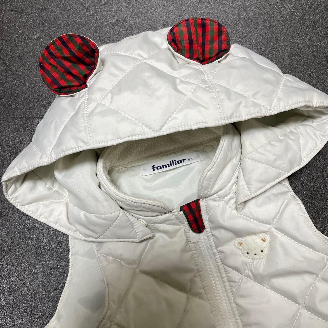 極美品familiarファミリア❤️ 素敵なフード付き中綿ベスト 80cm