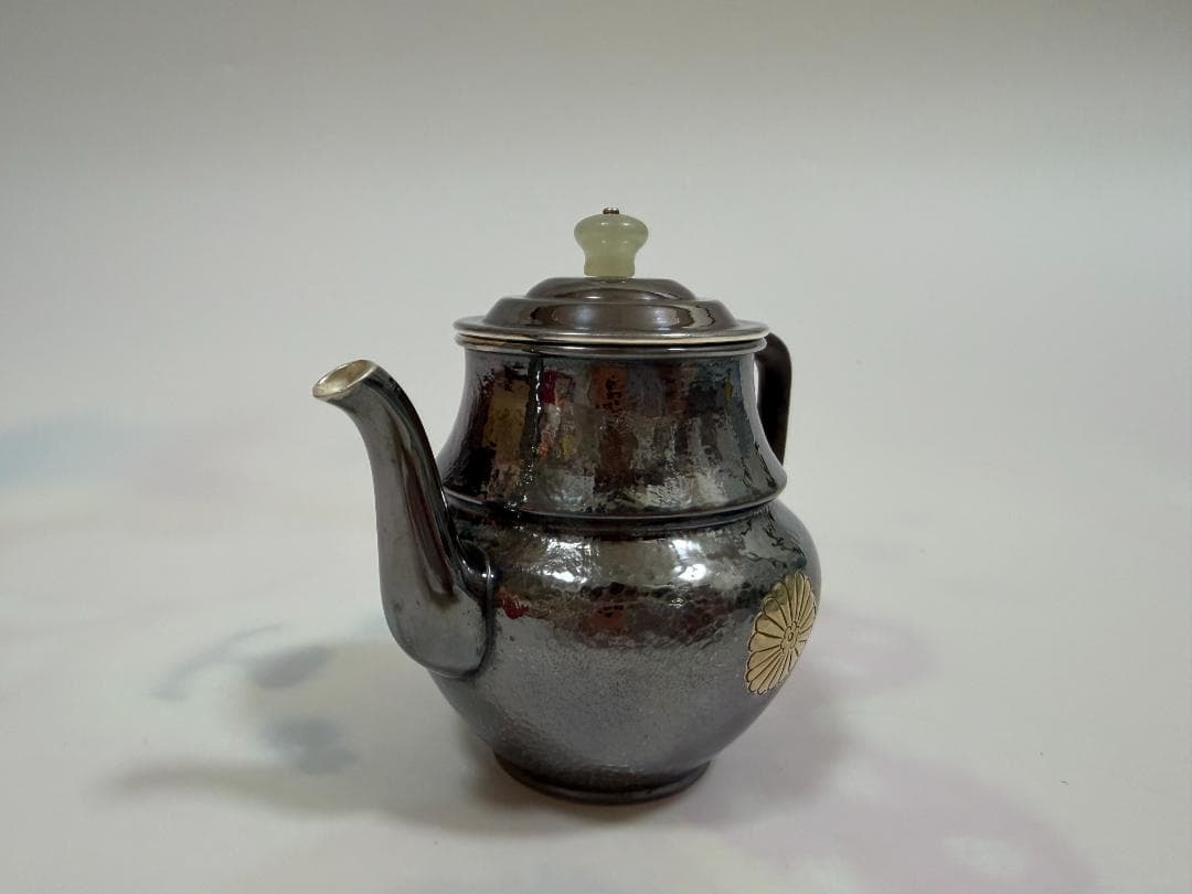 純銀製 菊文様 玉石摘 急須 銀瓶 煎茶道具