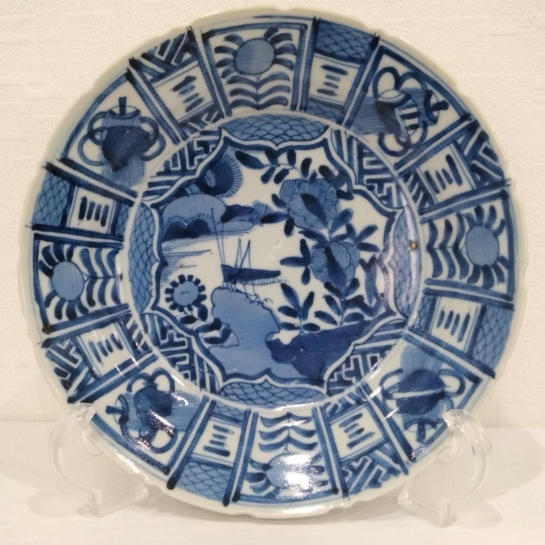 u348-5　中国 清朝期 古染付 芙蓉手 飛蝗文大皿 時代唐物　Q