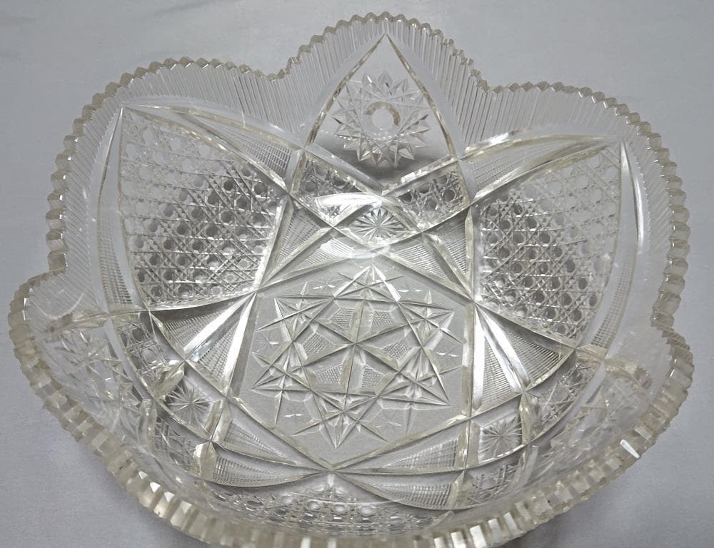 名家蔵出　江戸期　江戸切子輪花鉢　8寸　保証